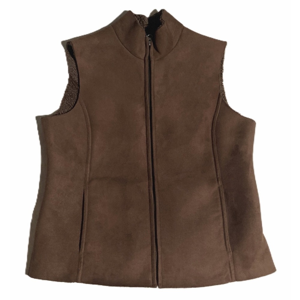 LANDS END Brown Faux Suede Vest Jacket SHERPA LINING Classic Full Zip SIZE S 6-8